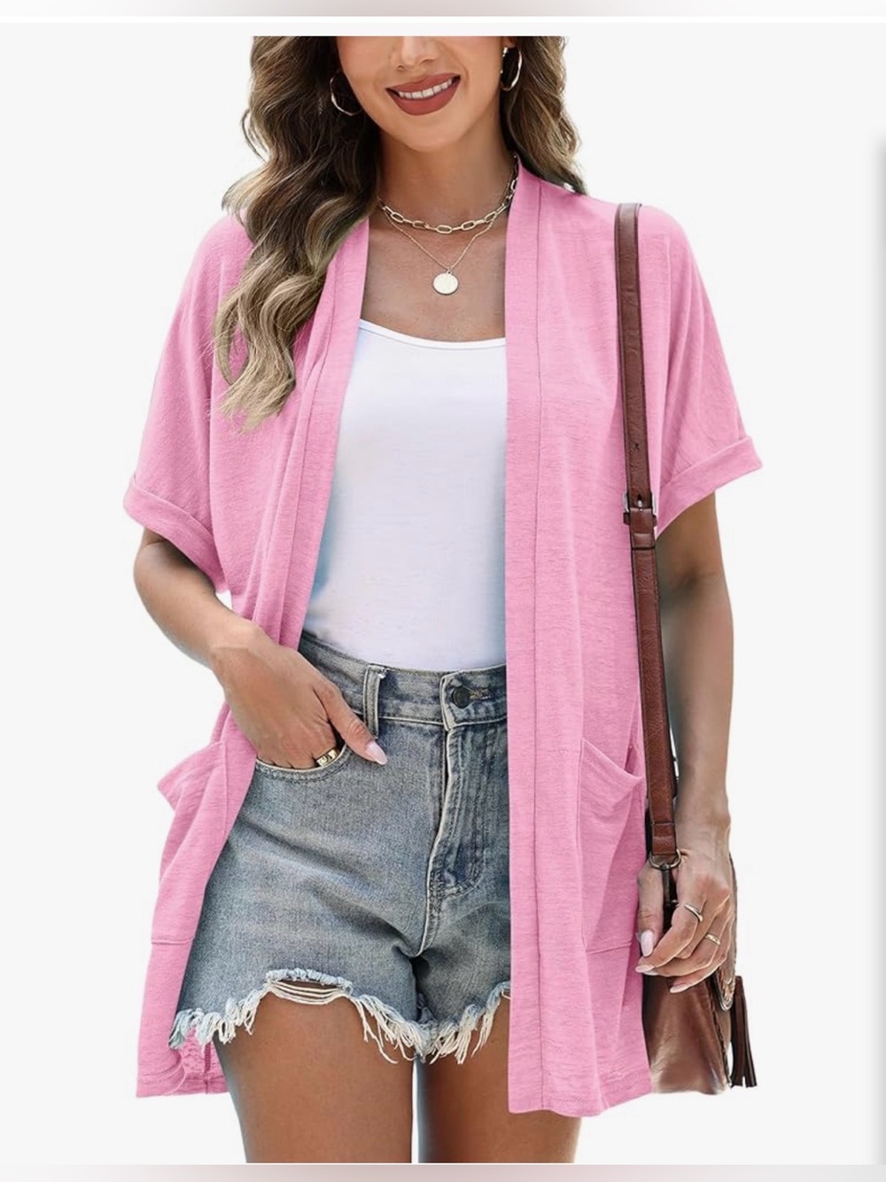 Light Pink Open-Front Short Sleeve Cardigan with two front pockets Large - Picture 3 of 3